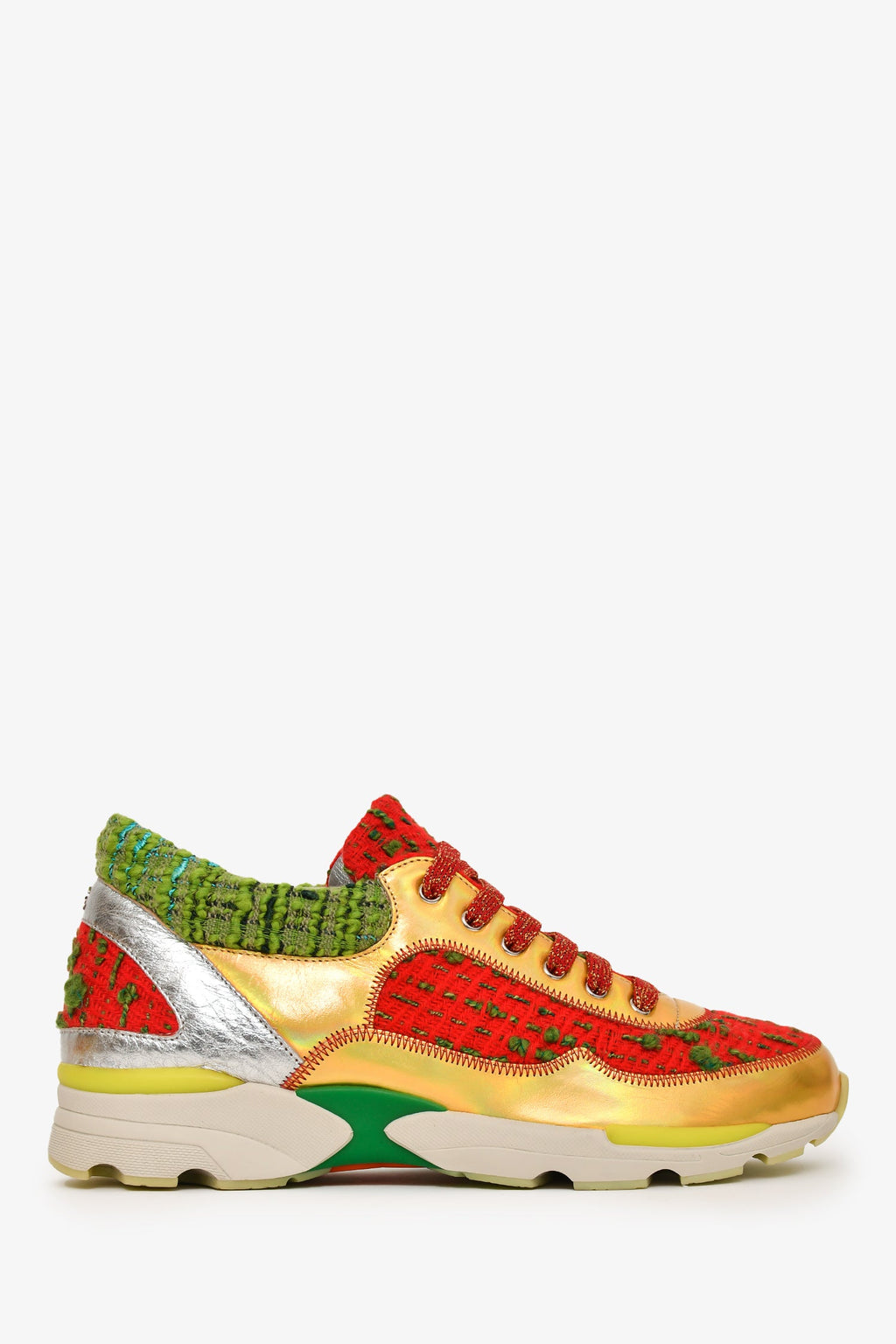 Pre-Loved Chanel™ Red/Green Tweed Gold Metallic Sneakers Size 36
