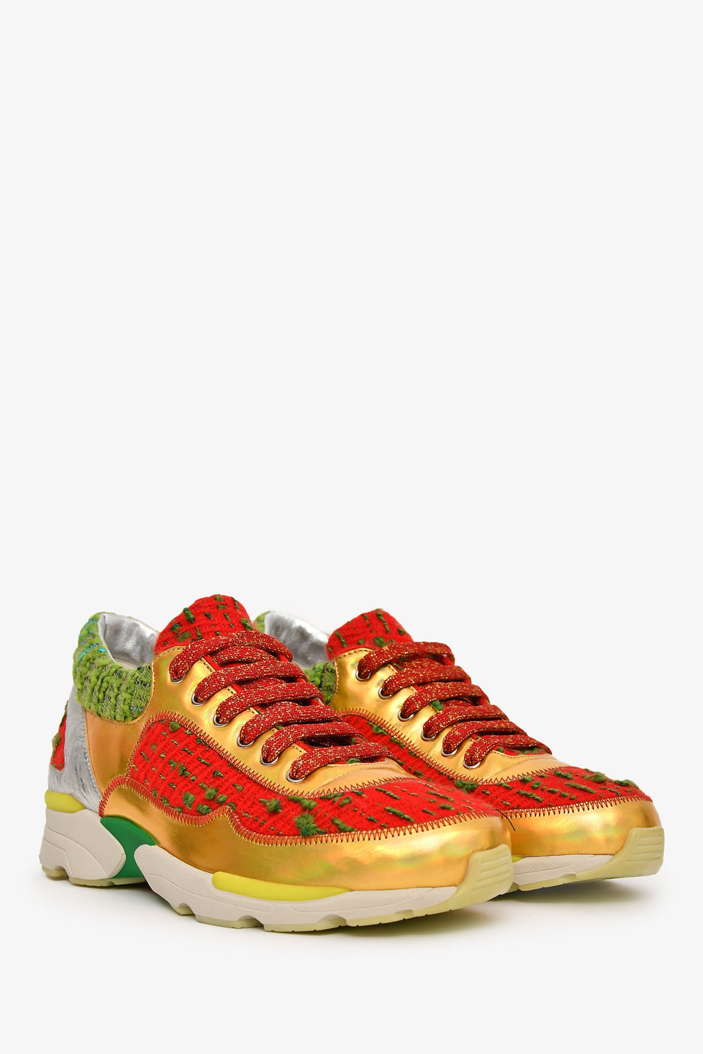 Pre-Loved Chanel™ Red/Green Tweed Gold Metallic Sneakers Size 36