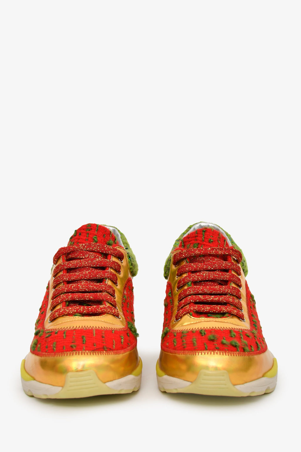 Pre-Loved Chanel™ Red/Green Tweed Gold Metallic Sneakers Size 36
