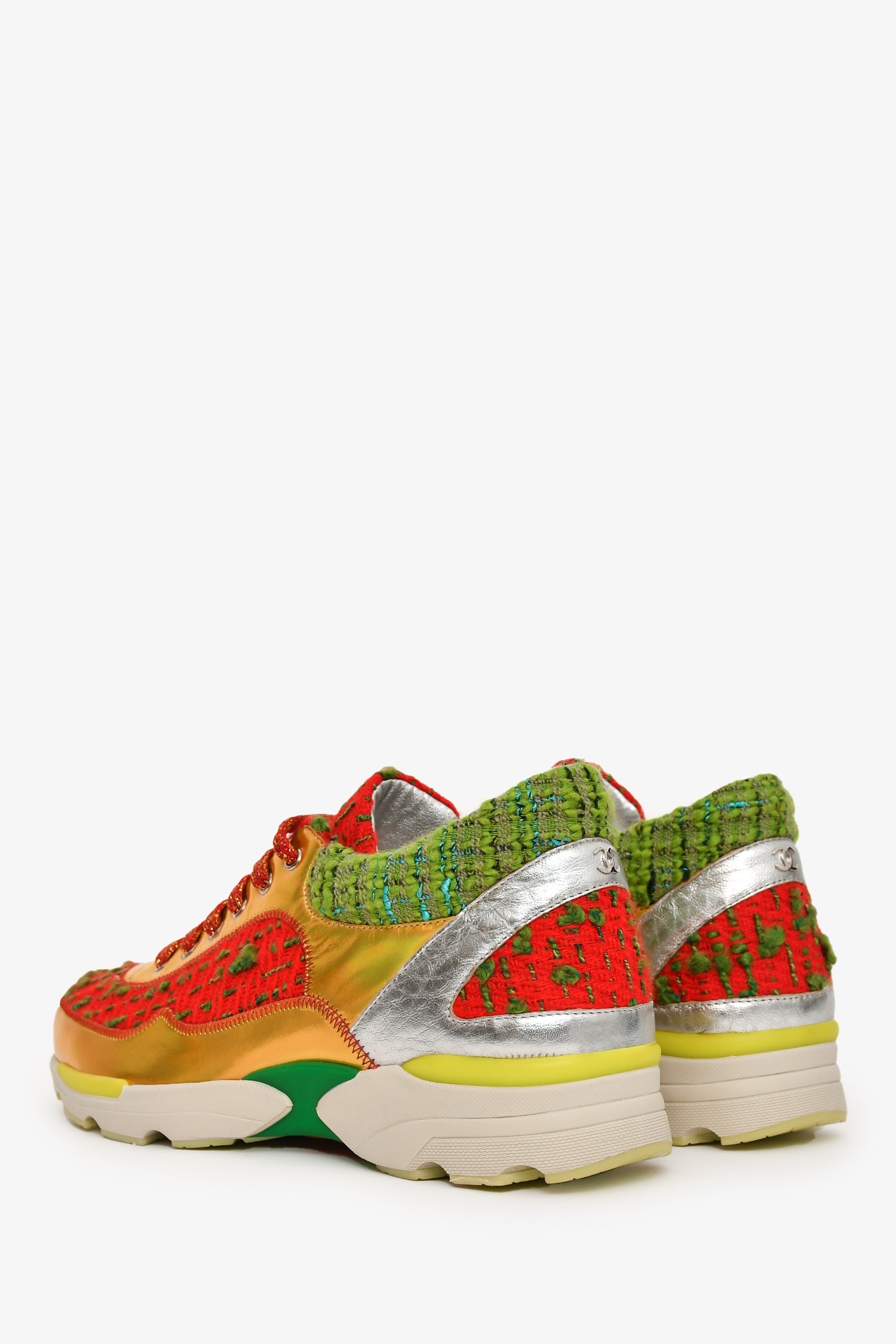 Pre-Loved Chanel™ Red/Green Tweed Gold Metallic Sneakers Size 36