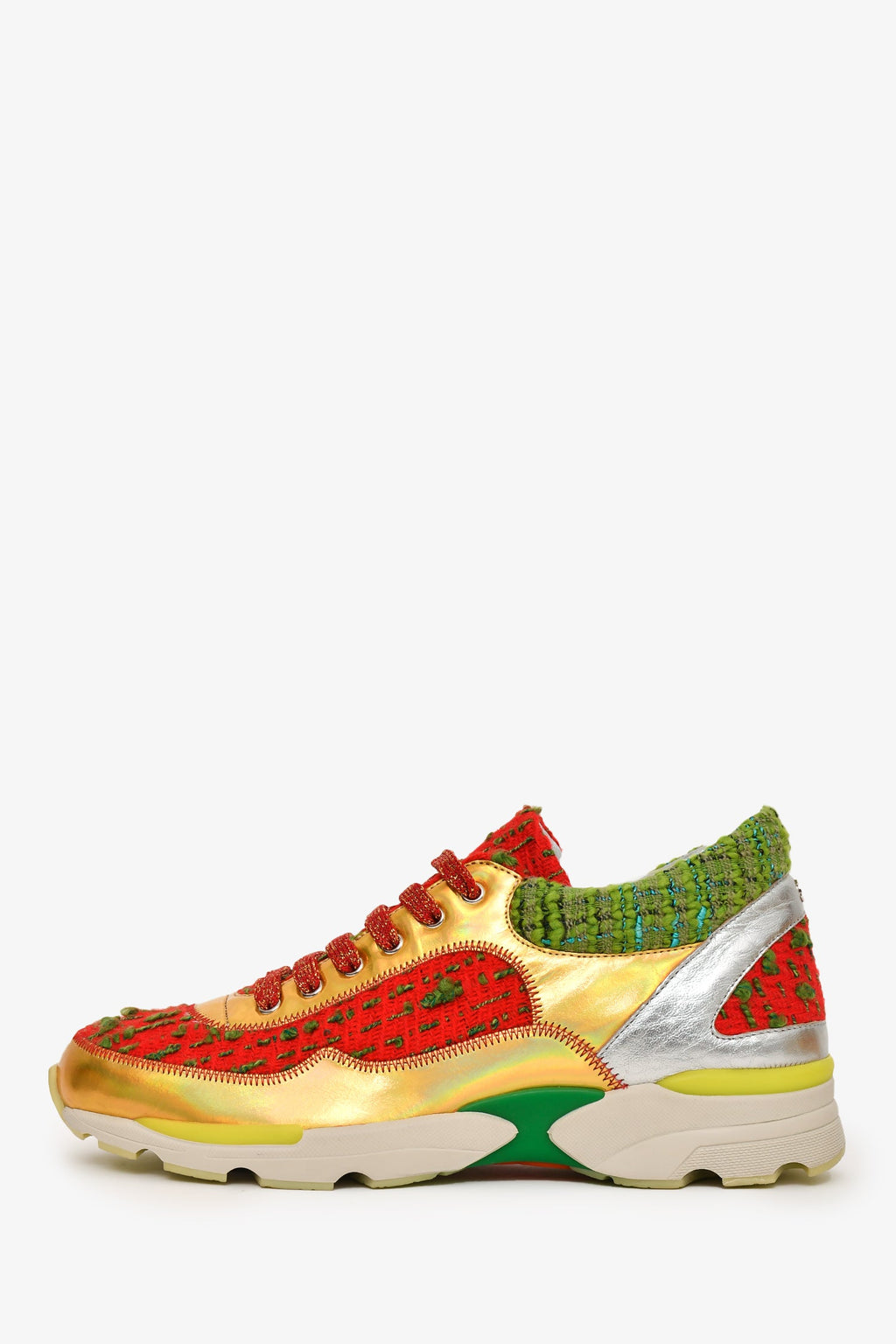 Pre-Loved Chanel™ Red/Green Tweed Gold Metallic Sneakers Size 36