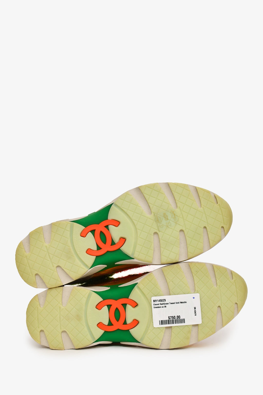 Pre-Loved Chanel™ Red/Green Tweed Gold Metallic Sneakers Size 36