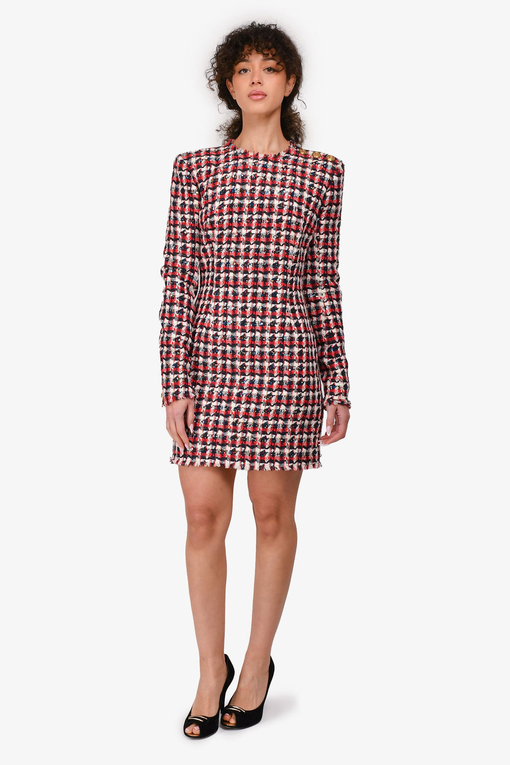 Balmain Red/Navy Tweed Mini Dress Size 38