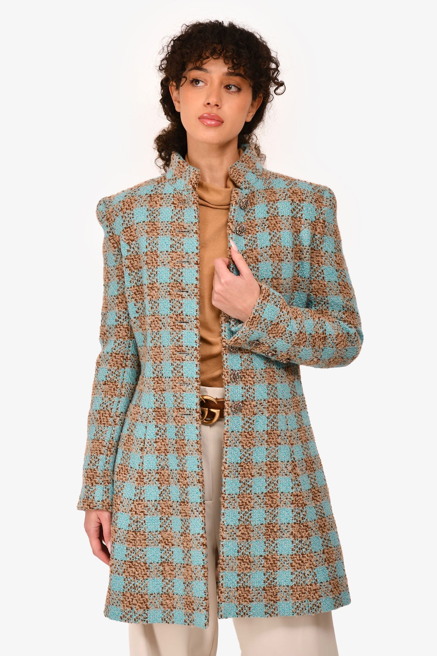 Pre-Loved Chanel™ 2022 Blue/Brown Tweed Plaid Coat Size 38