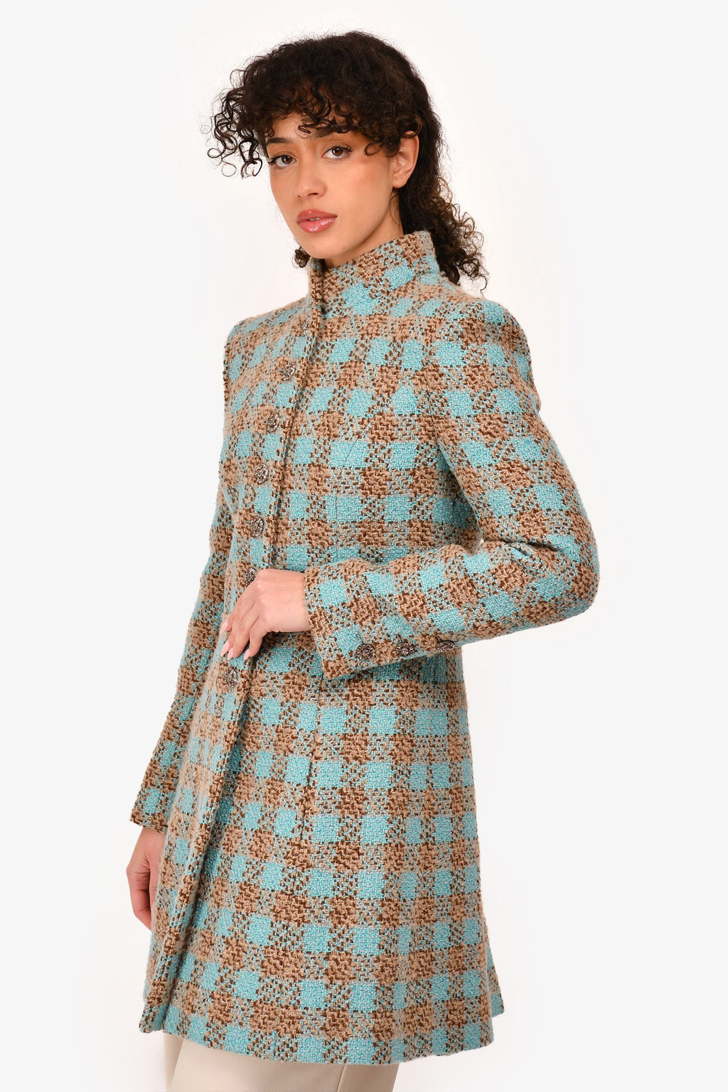 Pre-Loved Chanel™ 2022 Blue/Brown Tweed Plaid Coat Size 38