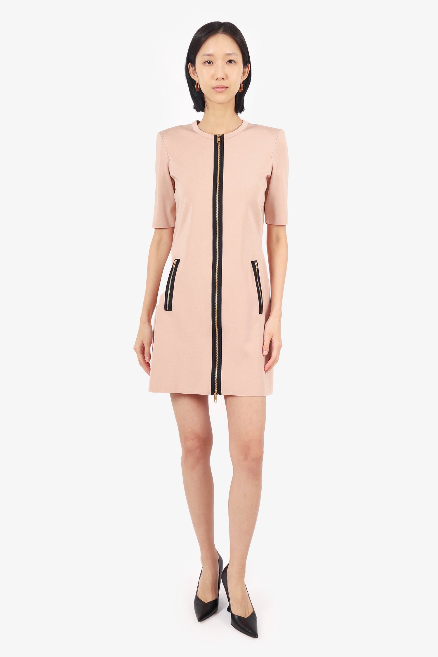 Gucci Blush Pink/Black Knit Front Zip Short Sleeve Mini Dress Size L