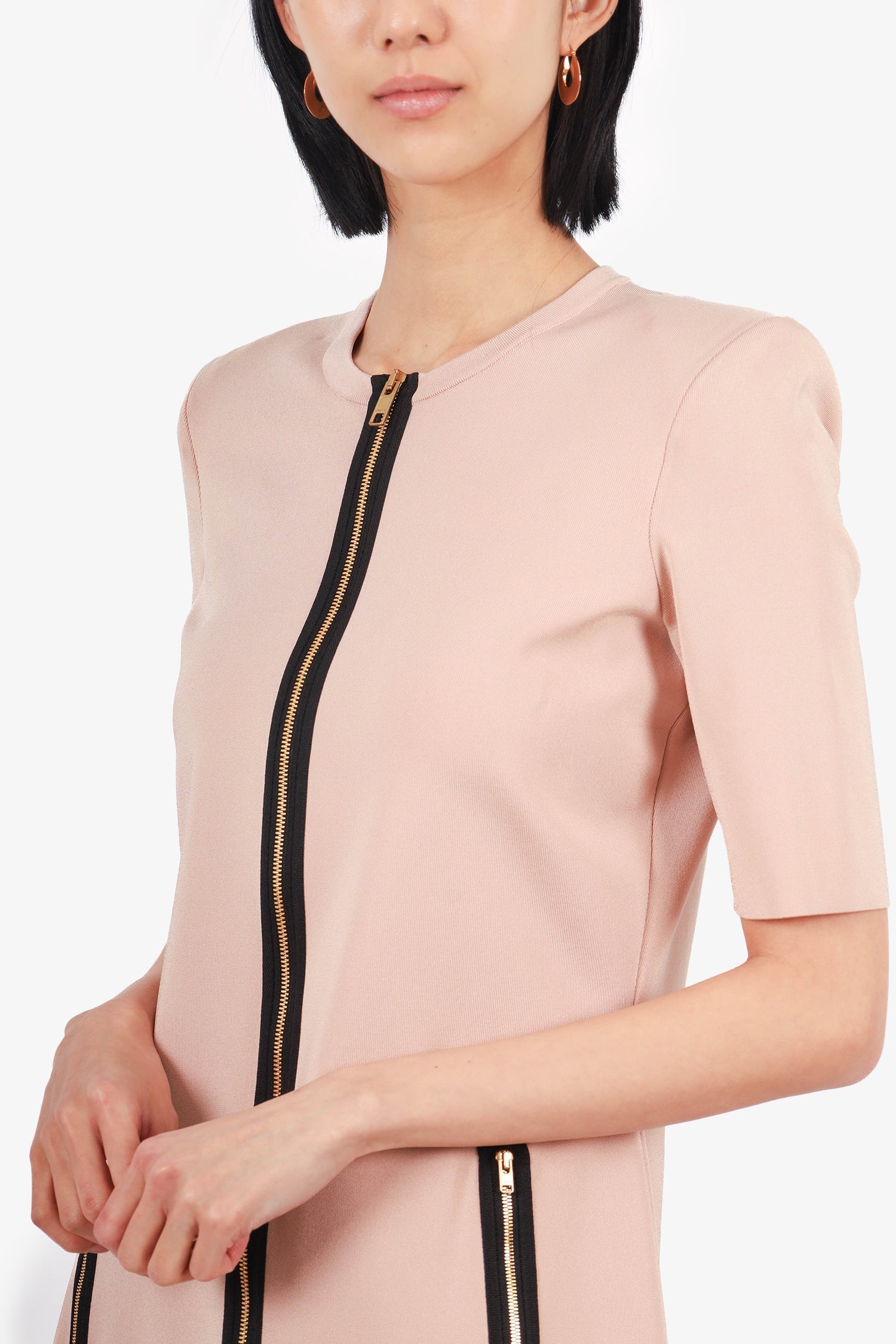 Gucci Blush Pink/Black Knit Front Zip Short Sleeve Mini Dress Size L
