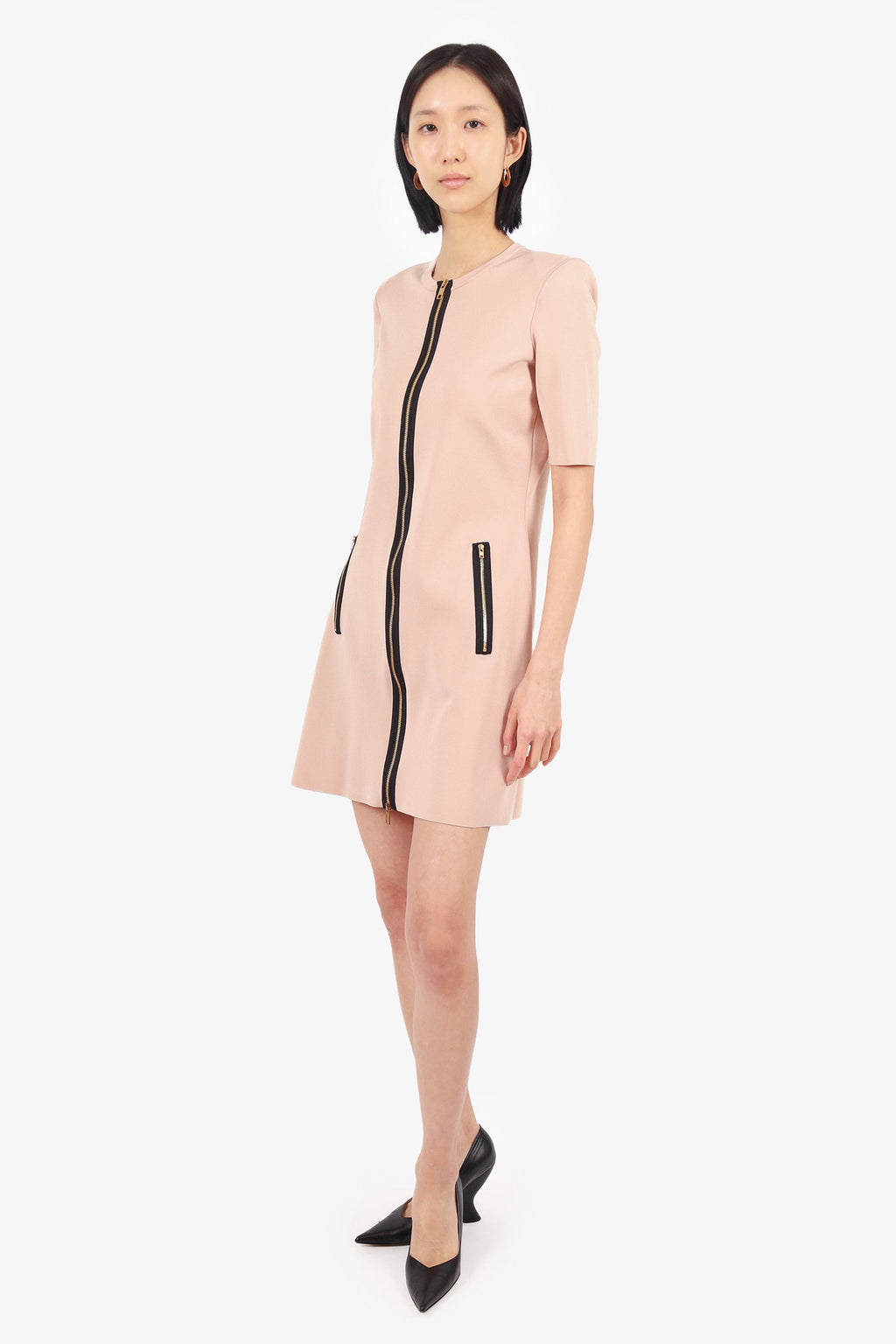 Gucci Blush Pink/Black Knit Front Zip Short Sleeve Mini Dress Size L