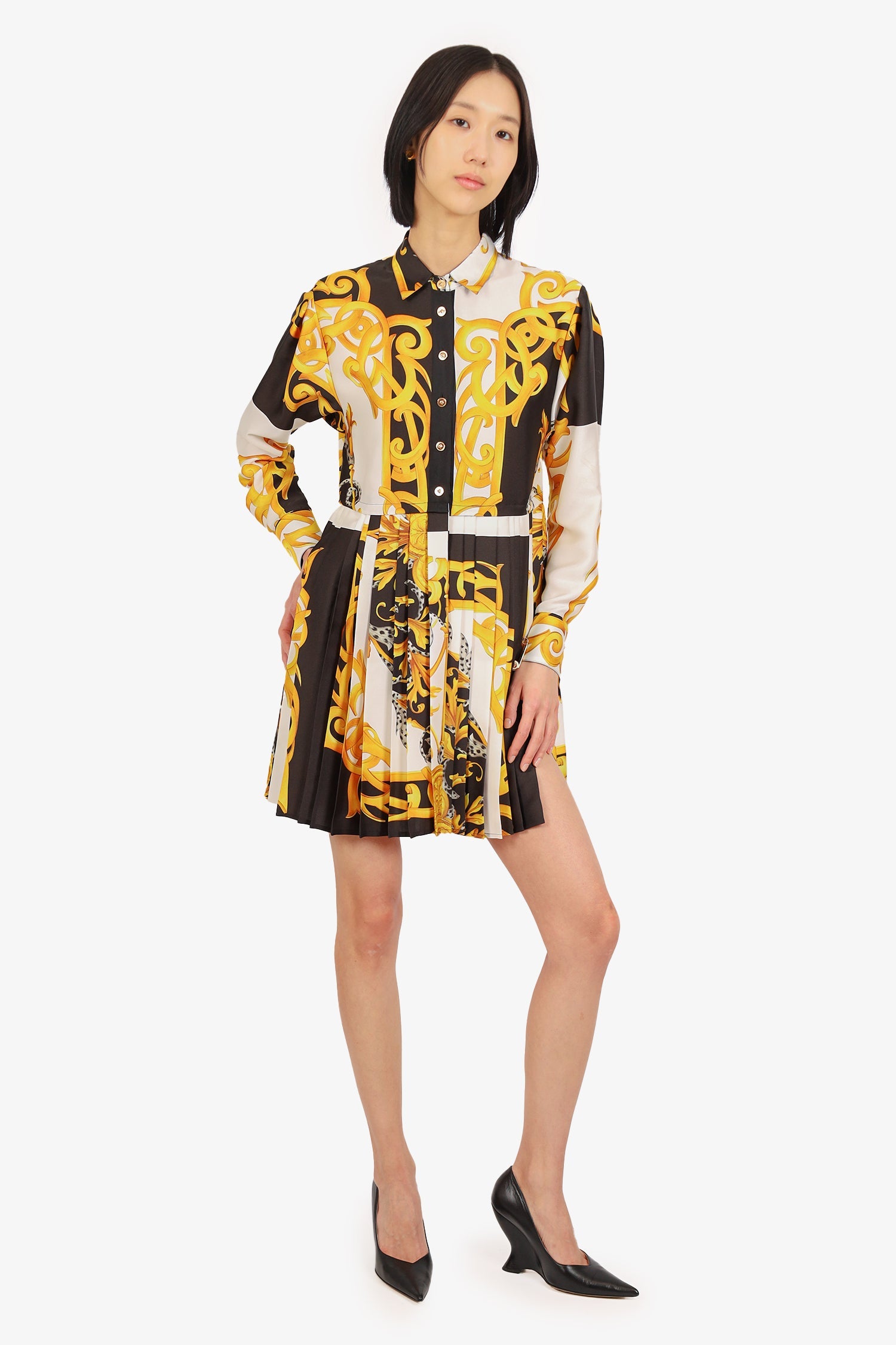 Versace Black/Gold Printed Pleated Button Up Dress Size 38