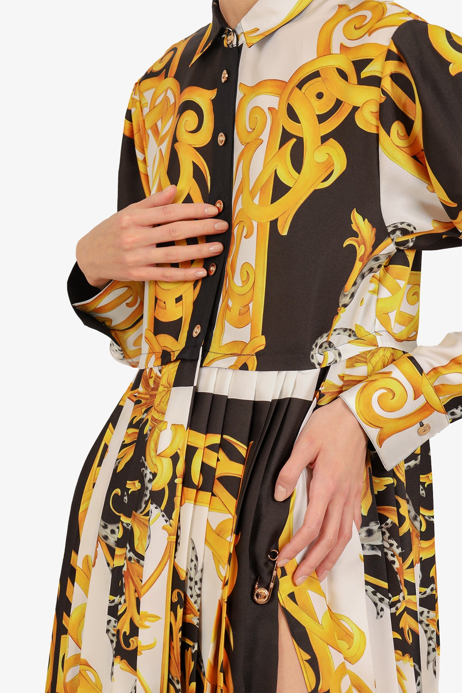 Versace Black/Gold Printed Pleated Button Up Dress Size 38