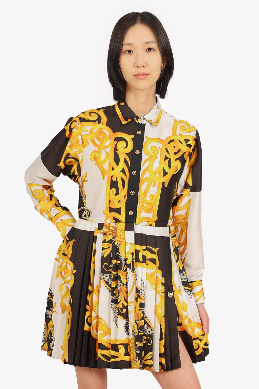 Versace Black/Gold Printed Pleated Button Up Dress Size 38
