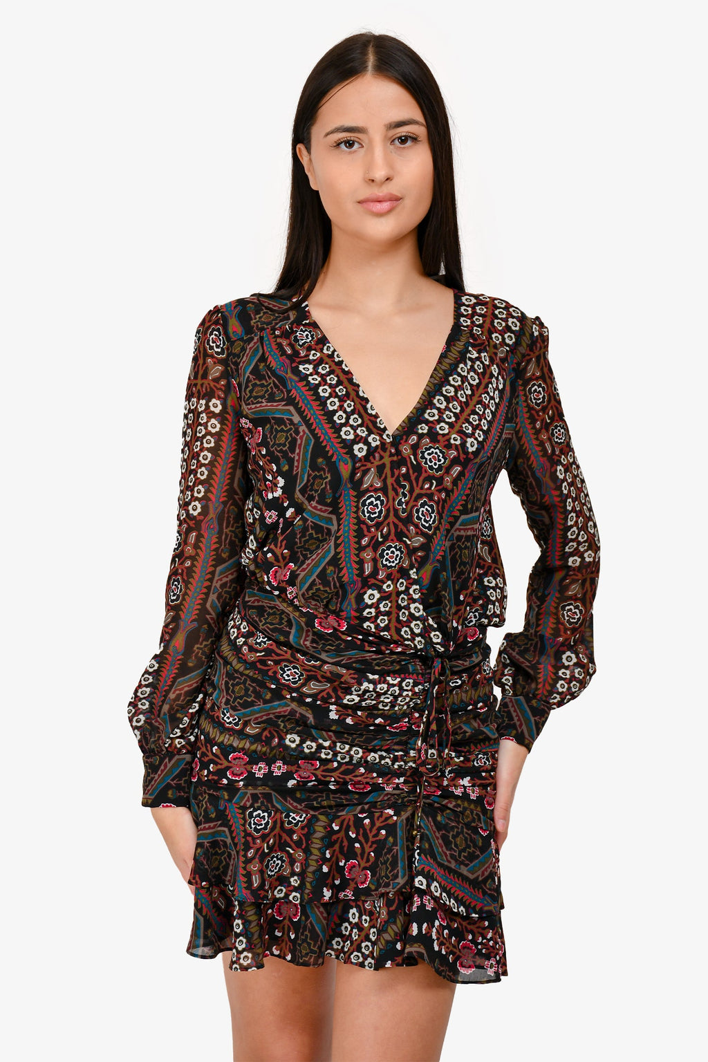 Veronica Beard Black Printed Ruched Mini Dress Size 6