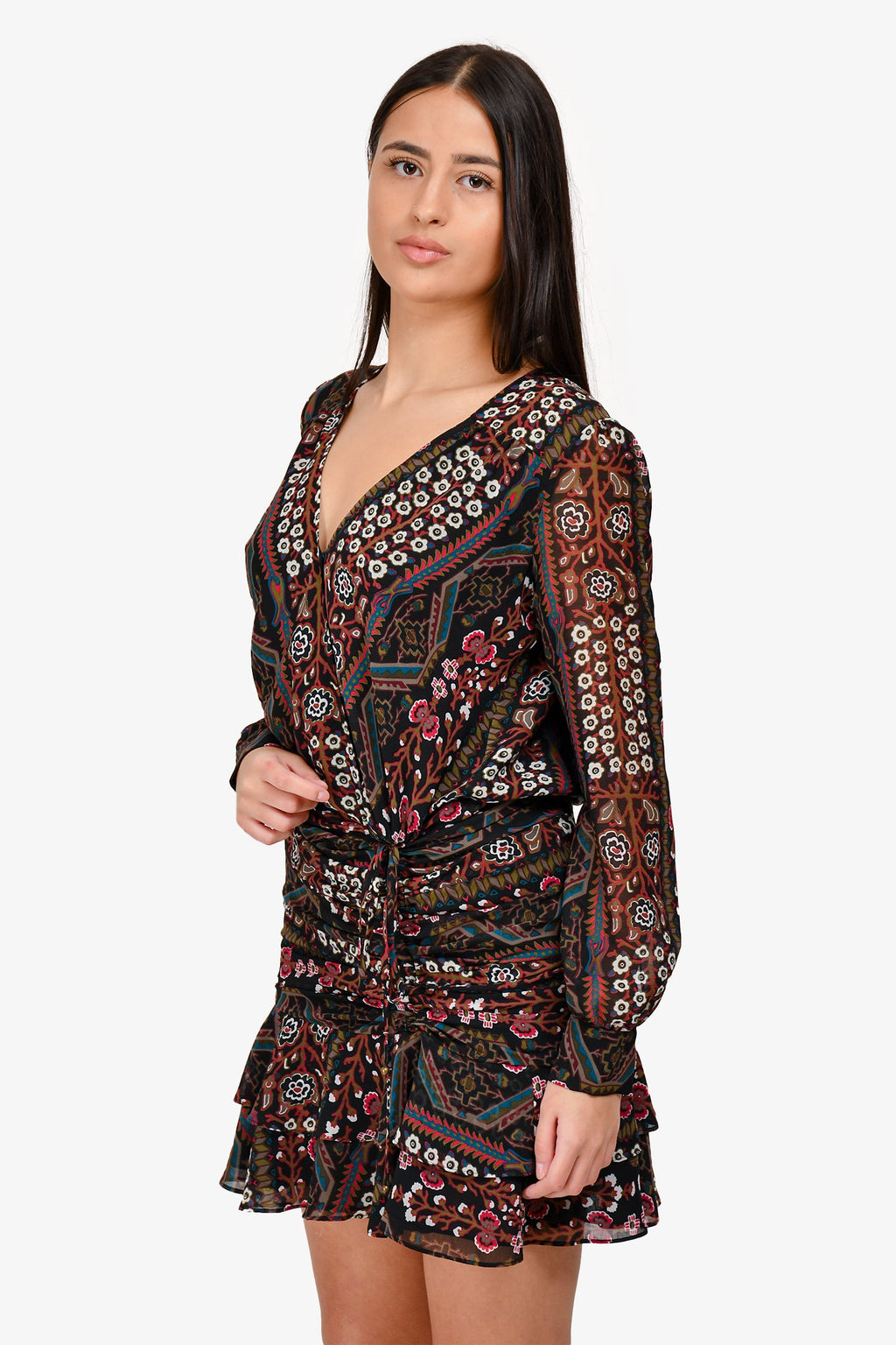 Veronica Beard Black Printed Ruched Mini Dress Size 6