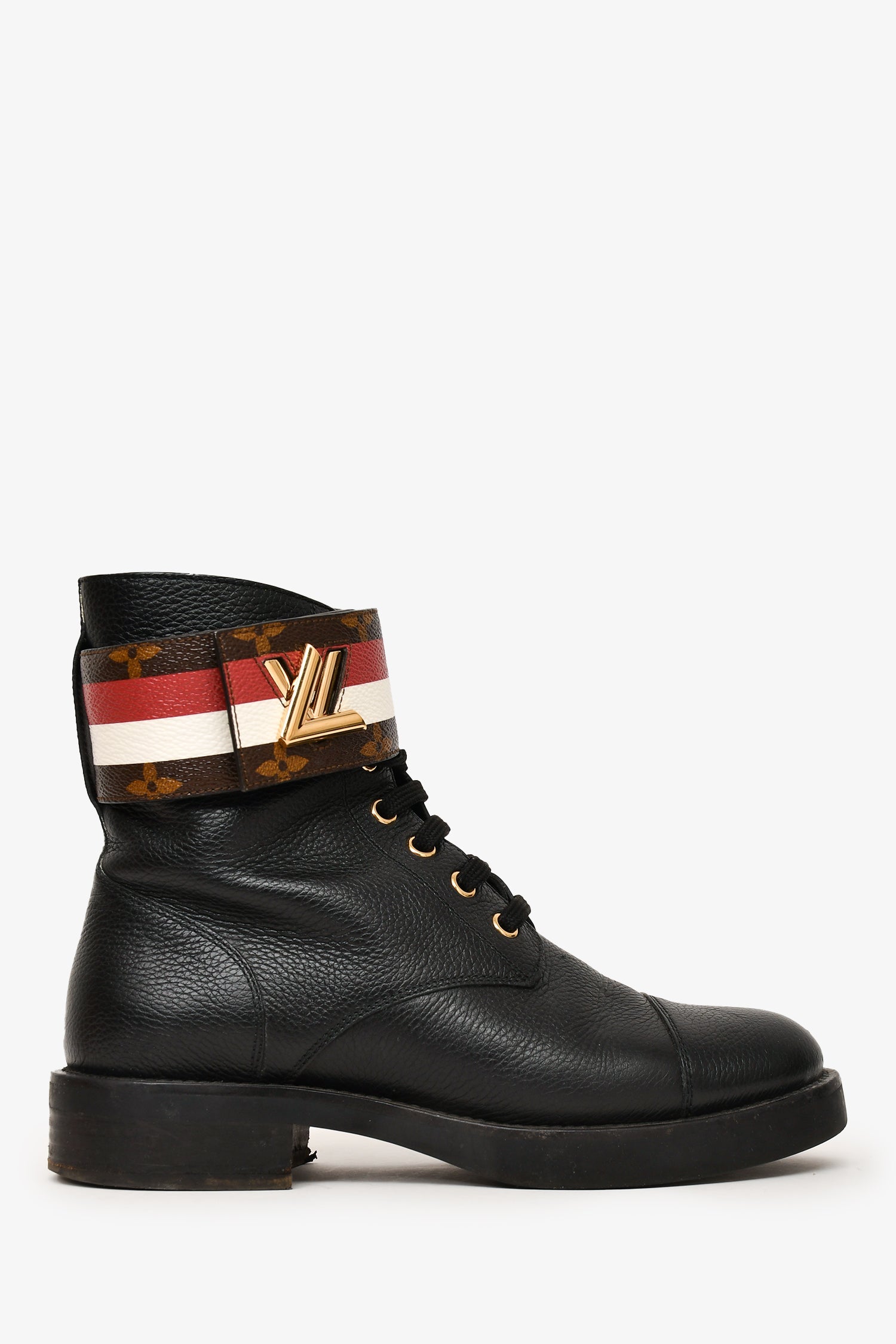 Louis Vuitton Black Leather Combat LV Clasp Boots Size 36.5
