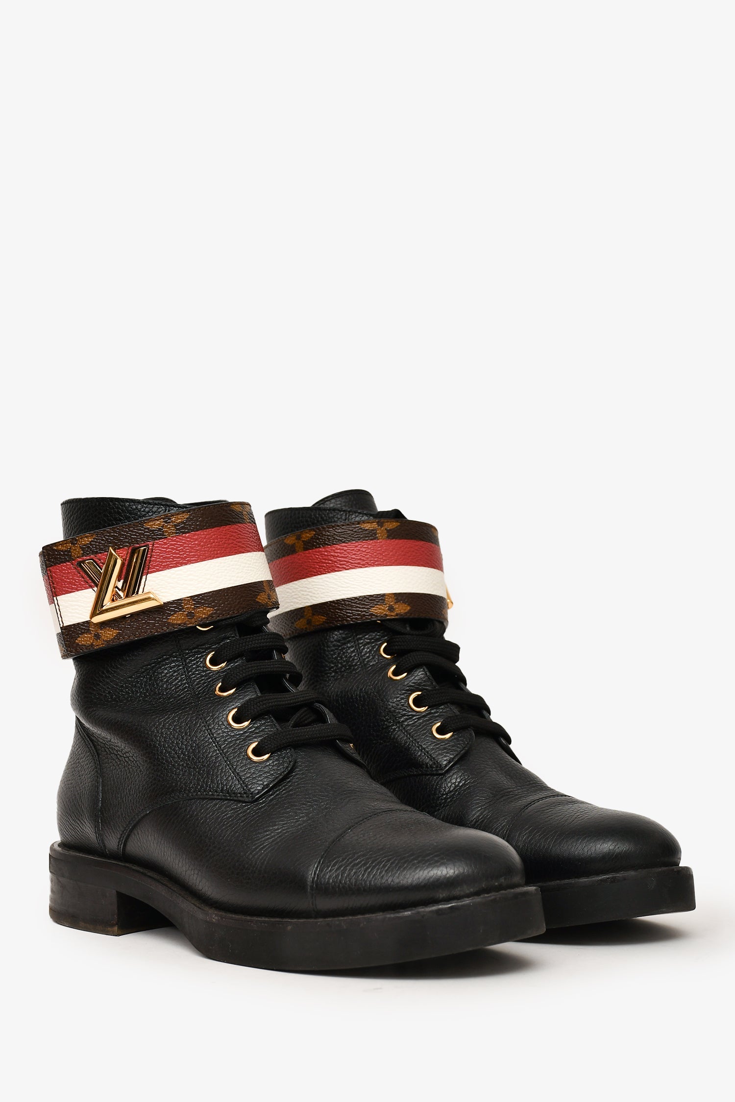 Louis Vuitton Black Leather Combat LV Clasp Boots Size 36.5