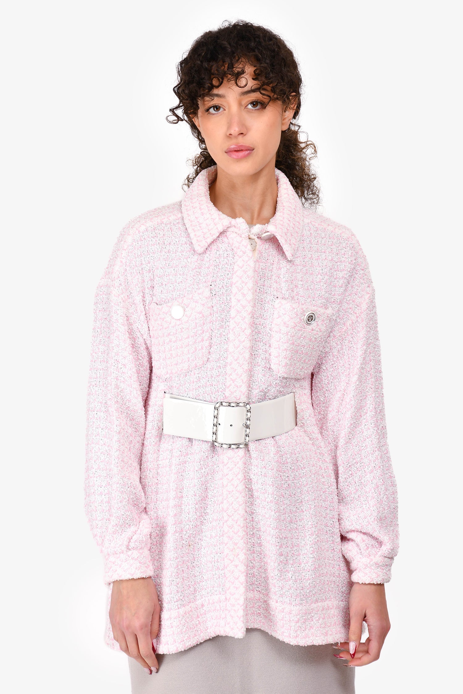 Pre-Loved Chanel™ 2019 Pink/White Tweed Logo Belted Dress Size 38
