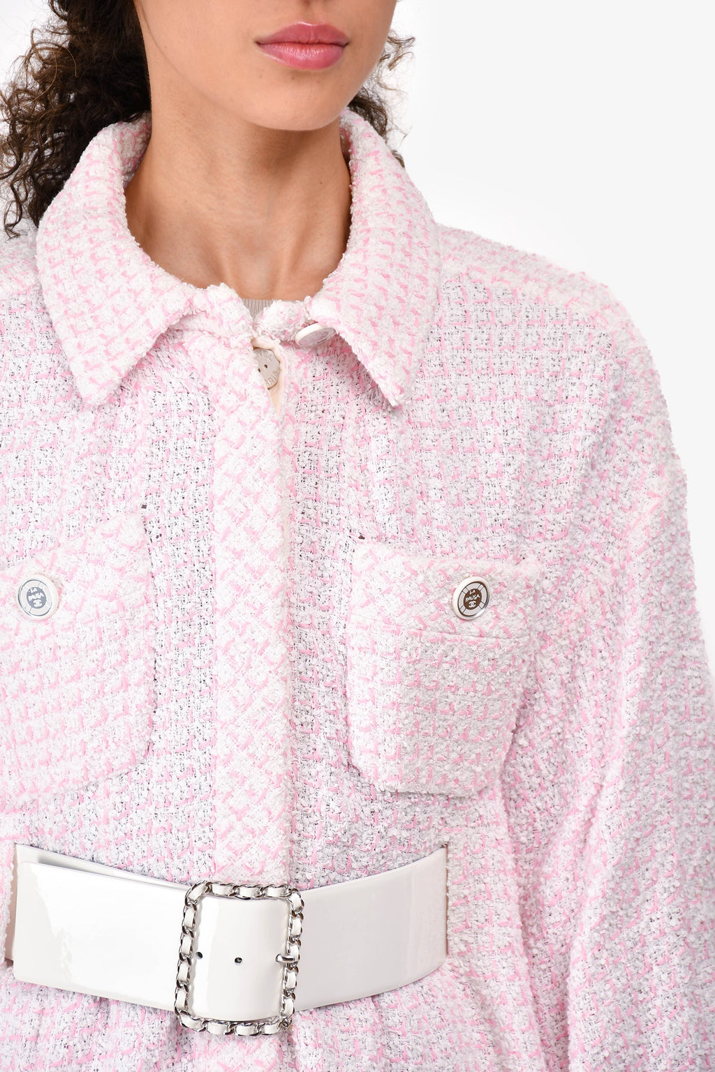 Pre-Loved Chanel™ 2019 Pink/White Tweed Logo Belted Dress Size 38