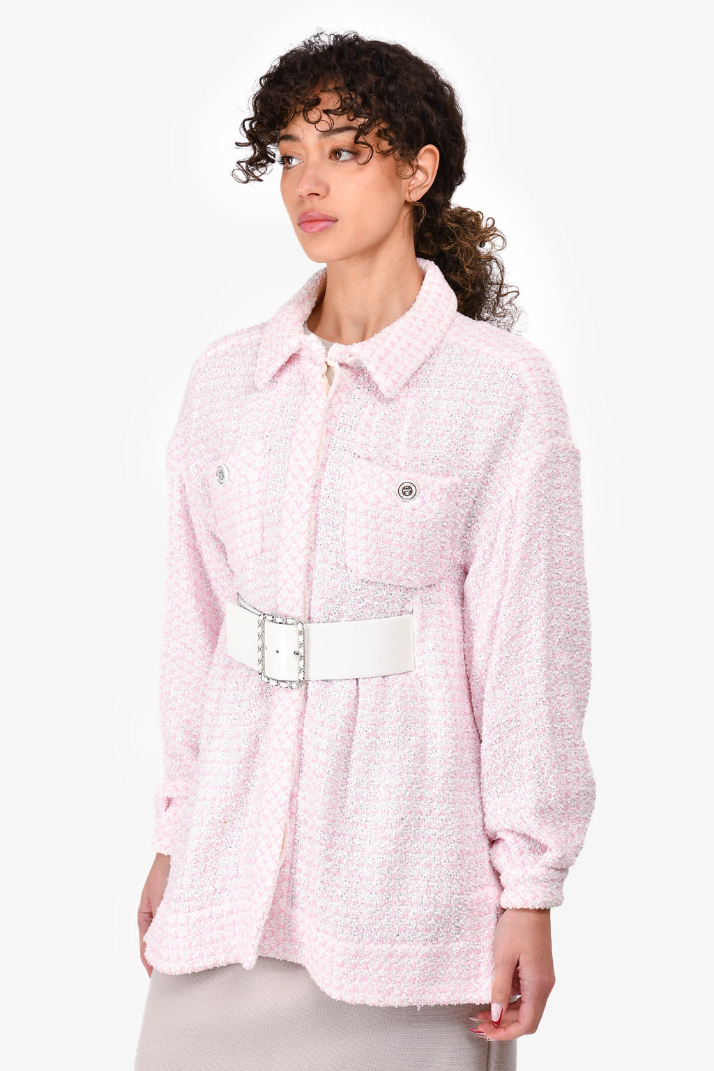 Pre-Loved Chanel™ 2019 Pink/White Tweed Logo Belted Dress Size 38