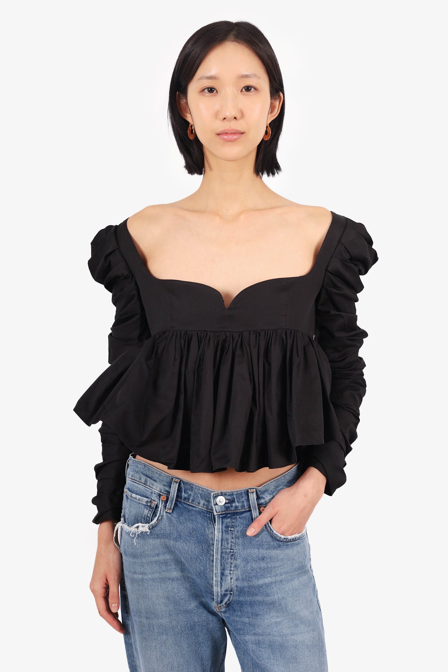 Khaite Black Ruched Sweetheart Neck Long-Sleeve Top Size 6