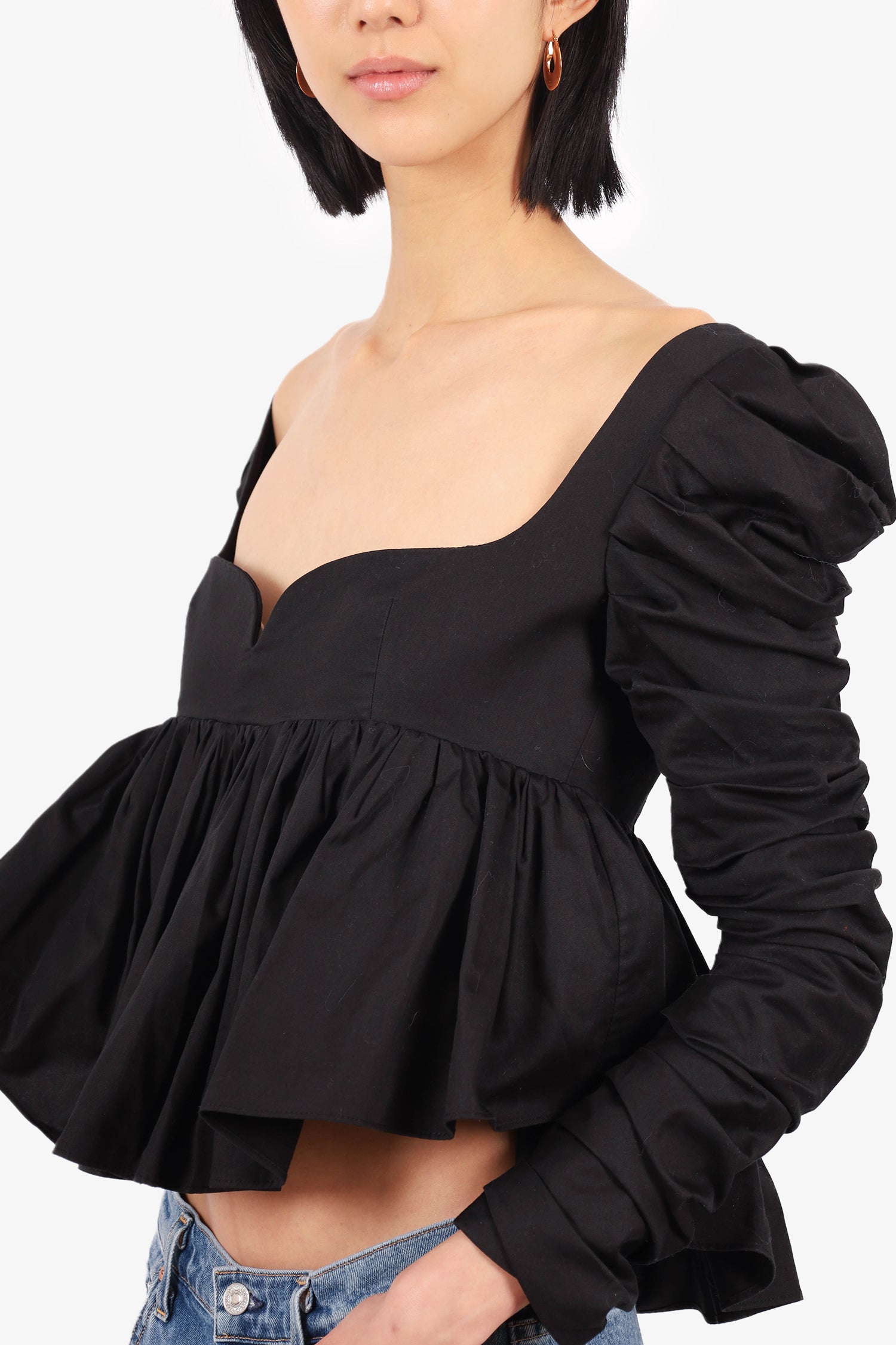 Khaite Black Ruched Sweetheart Neck Long-Sleeve Top Size 6