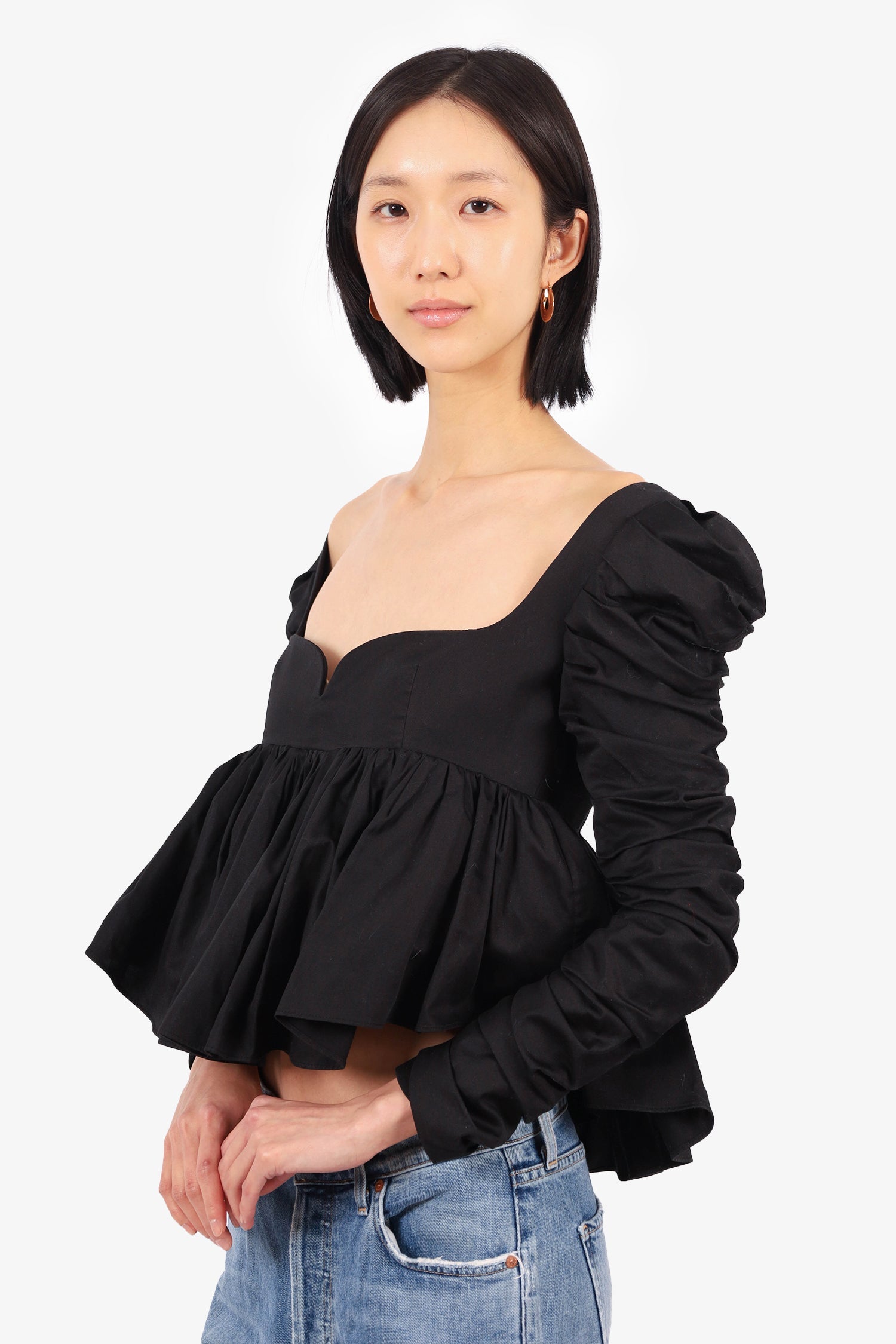 Khaite Black Ruched Sweetheart Neck Long-Sleeve Top Size 6