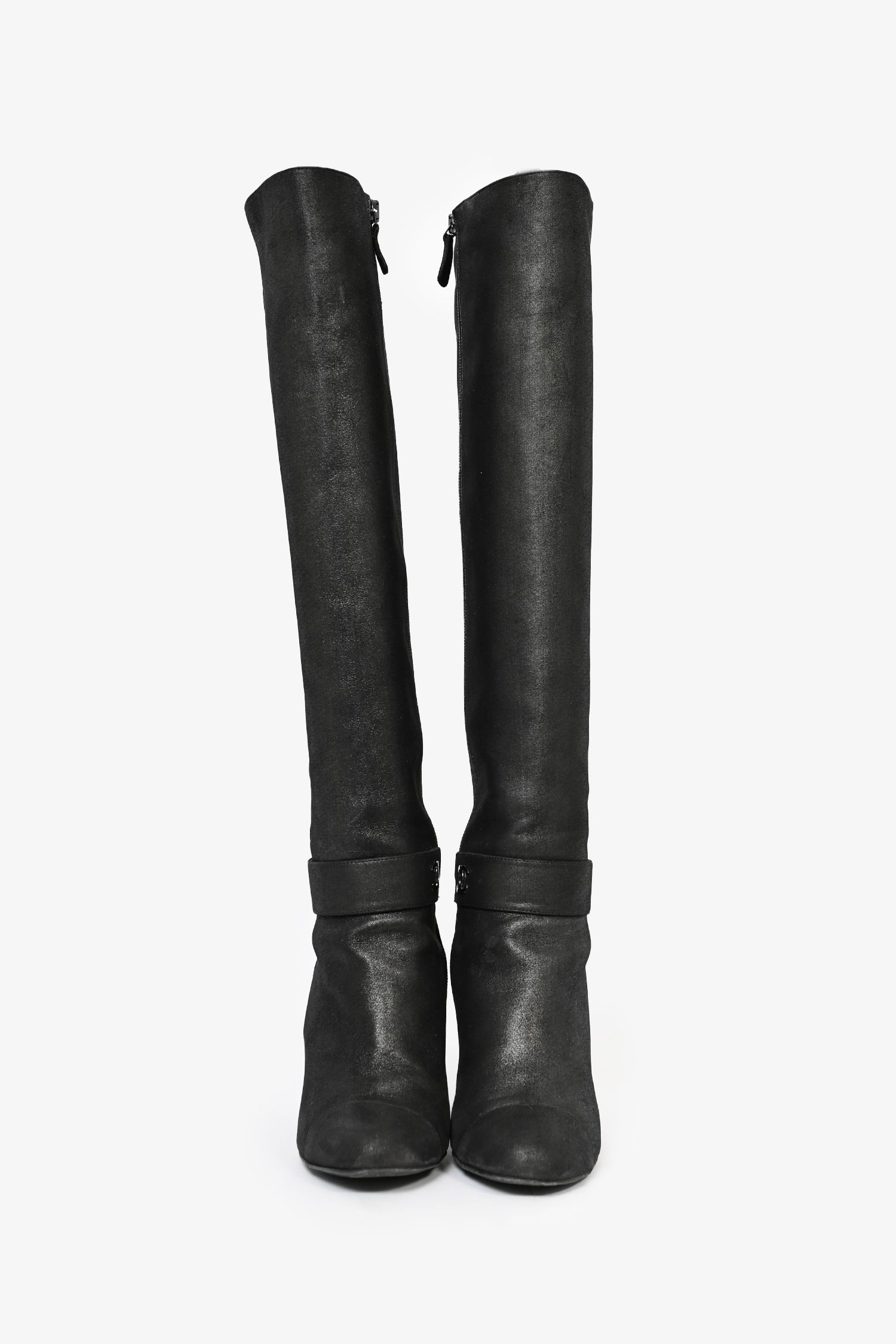 Pre-Loved Chanel™ Metallic Black Suede High Knee Heeled Boots Size 39.5
