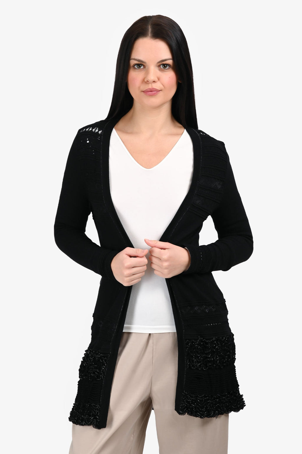Roberto Cavalli Black Wool Ruffle Detailed Long igan Size 38
