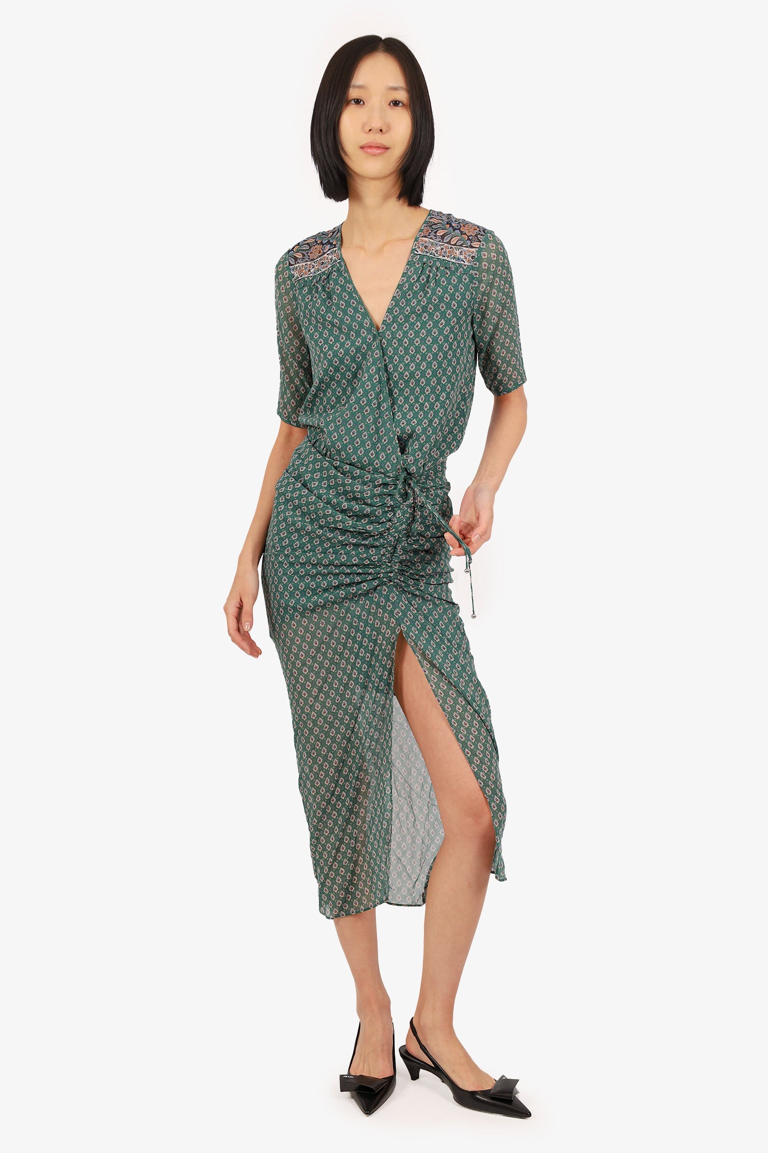 Veronica Beard Green Paisley Print V-Neck Ruched Dress Size 00