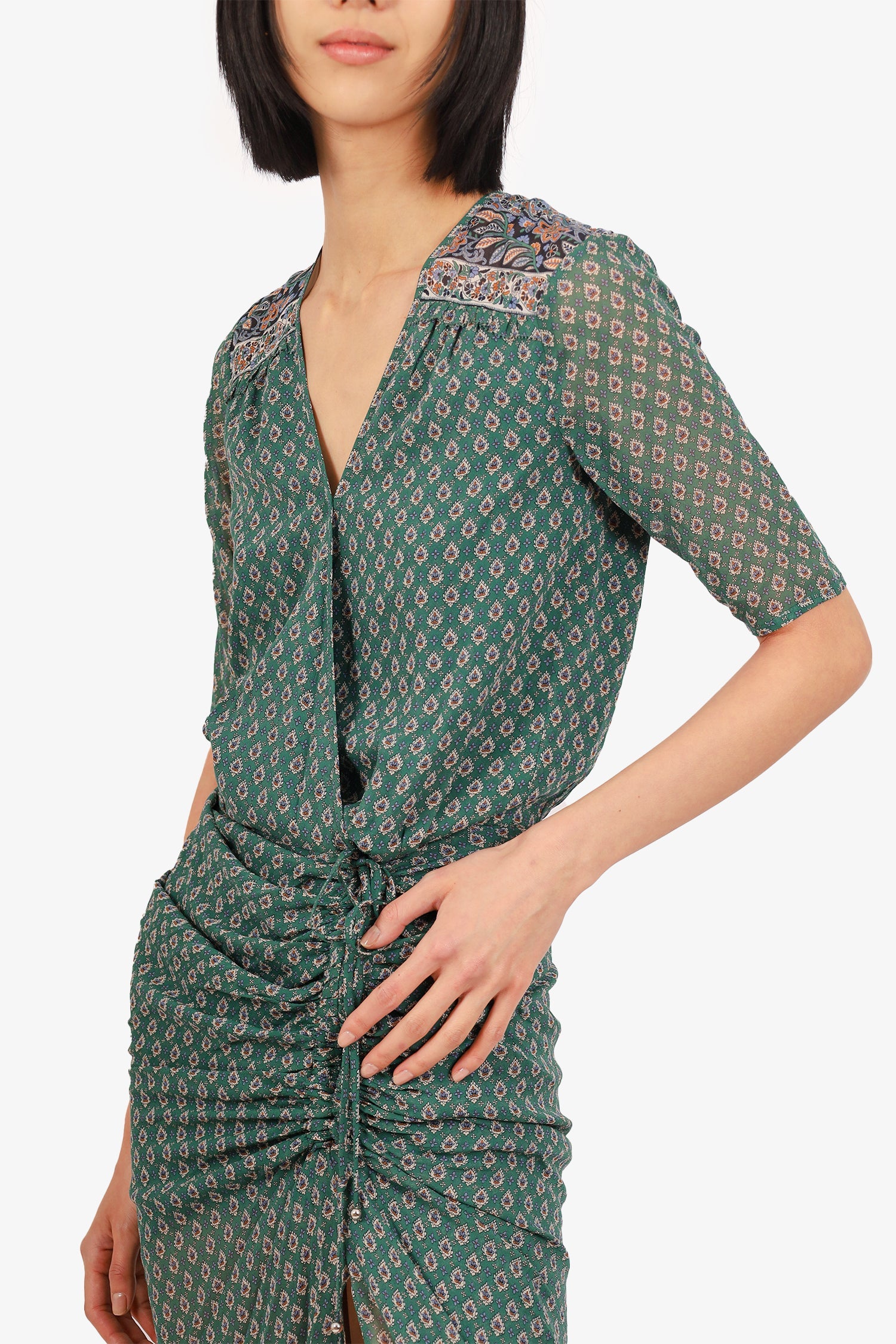 Veronica Beard Green Paisley Print V-Neck Ruched Dress Size 00