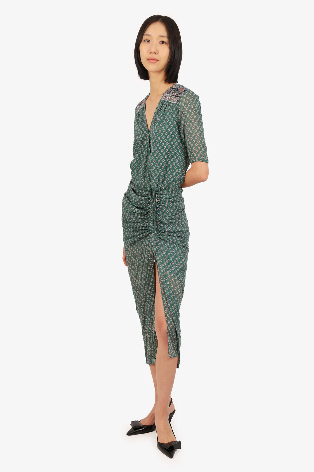 Veronica Beard Green Paisley Print V-Neck Ruched Dress Size 00