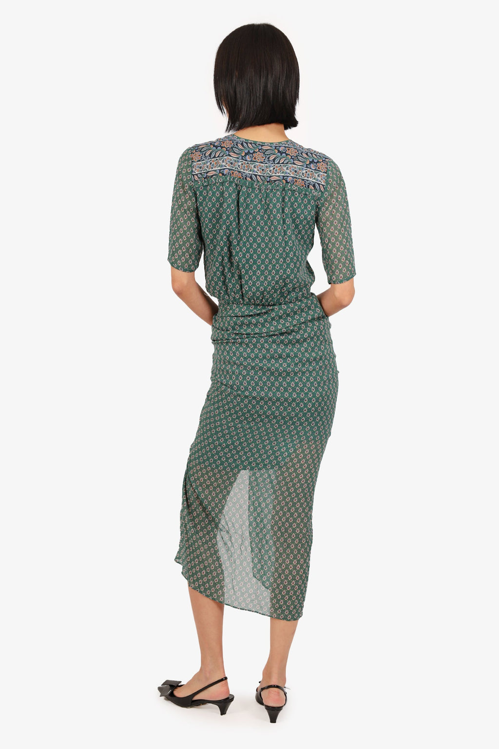 Veronica Beard Green Paisley Print V-Neck Ruched Dress Size 00