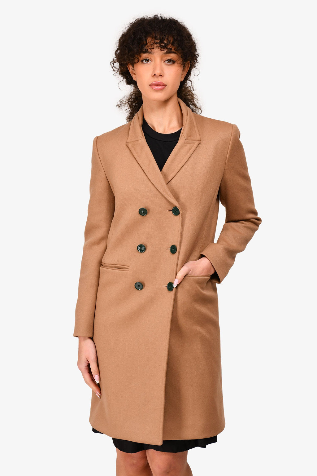Victoria Beckham Camel Virgin Wool Double Breasted Coat with Green Buttons Size 4 US