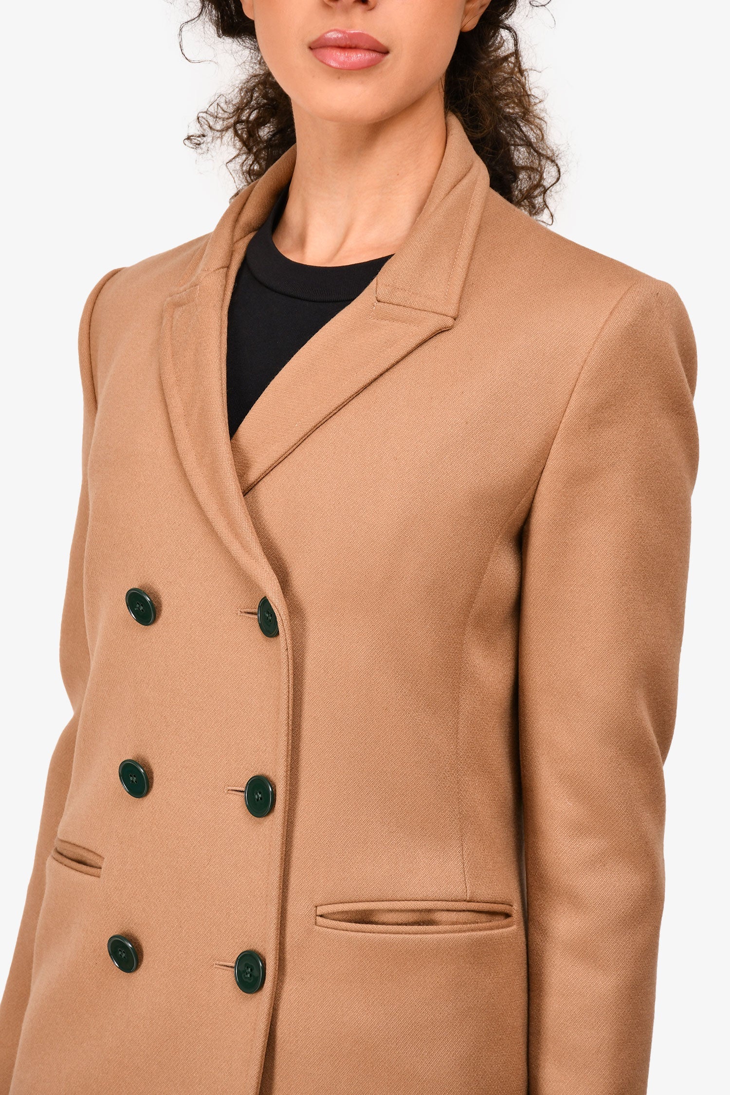 Victoria Beckham Camel Virgin Wool Double Breasted Coat with Green Buttons Size 4 US