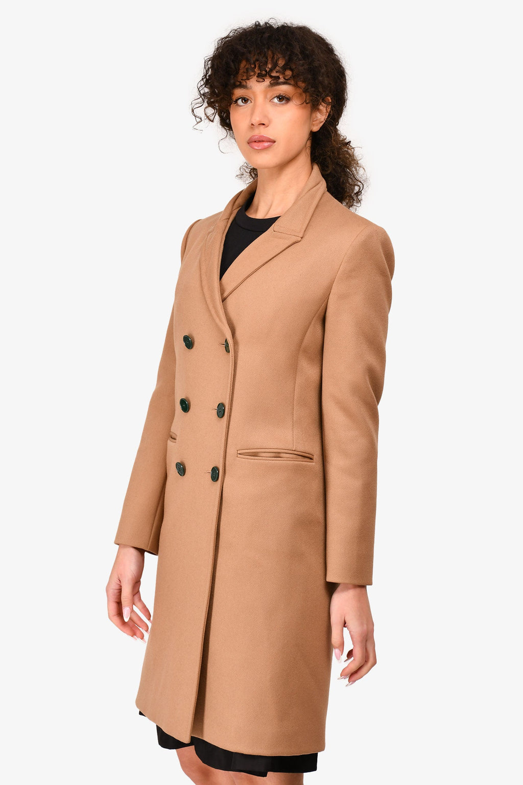 Victoria Beckham Camel Virgin Wool Double Breasted Coat with Green Buttons Size 4 US
