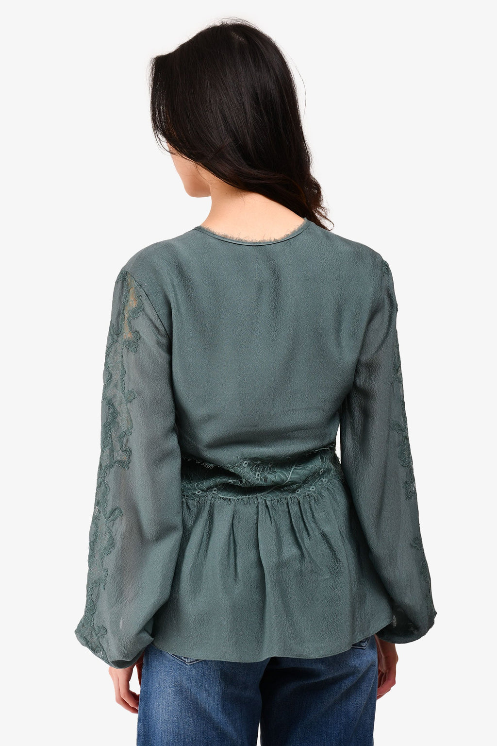 3.1 Phillip Lim Green Lace V Neck Long-Sleeve Top Size 2