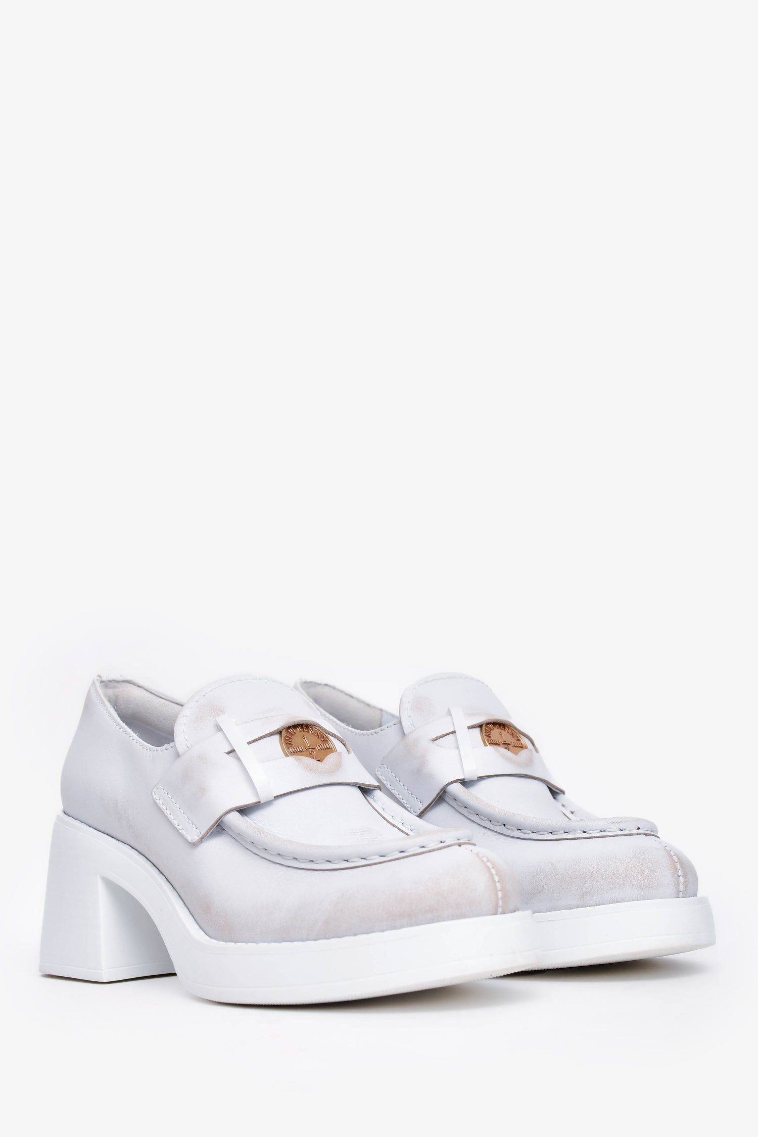Miu Miu White Distressed Leather Penny Heeled Loafers Size 36.5