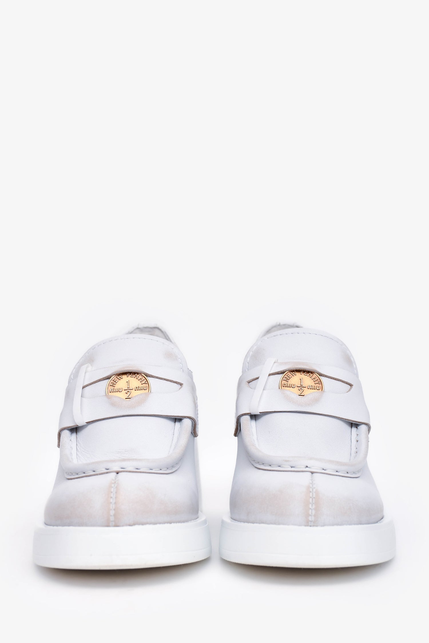 Miu Miu White Distressed Leather Penny Heeled Loafers Size 36.5