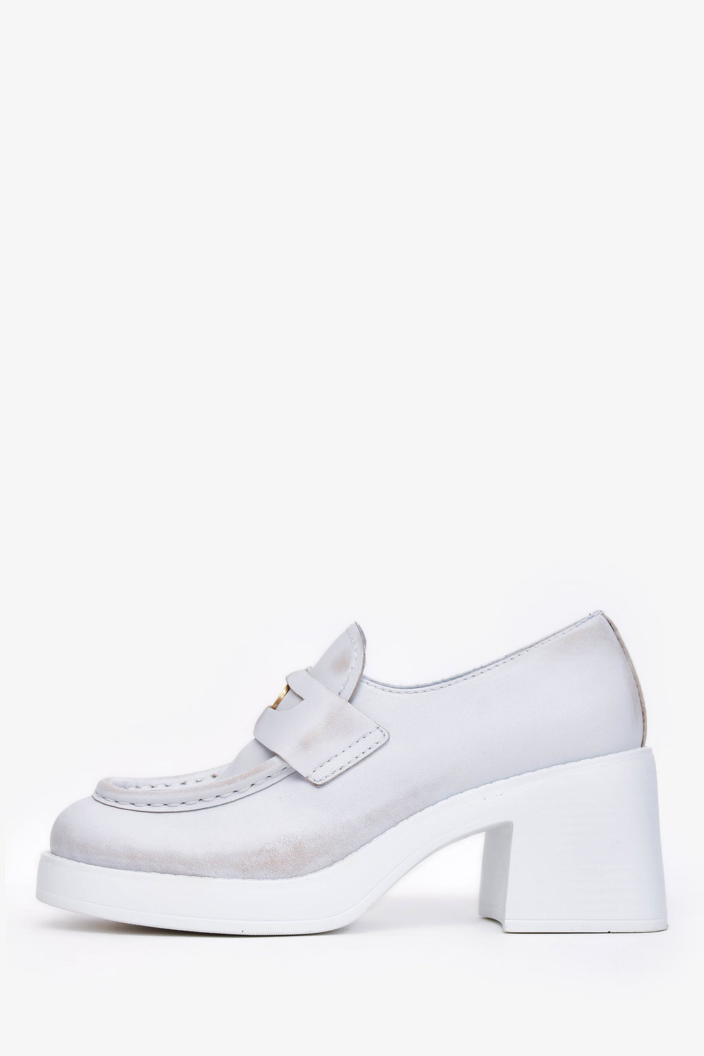 Miu Miu White Distressed Leather Penny Heeled Loafers Size 36.5