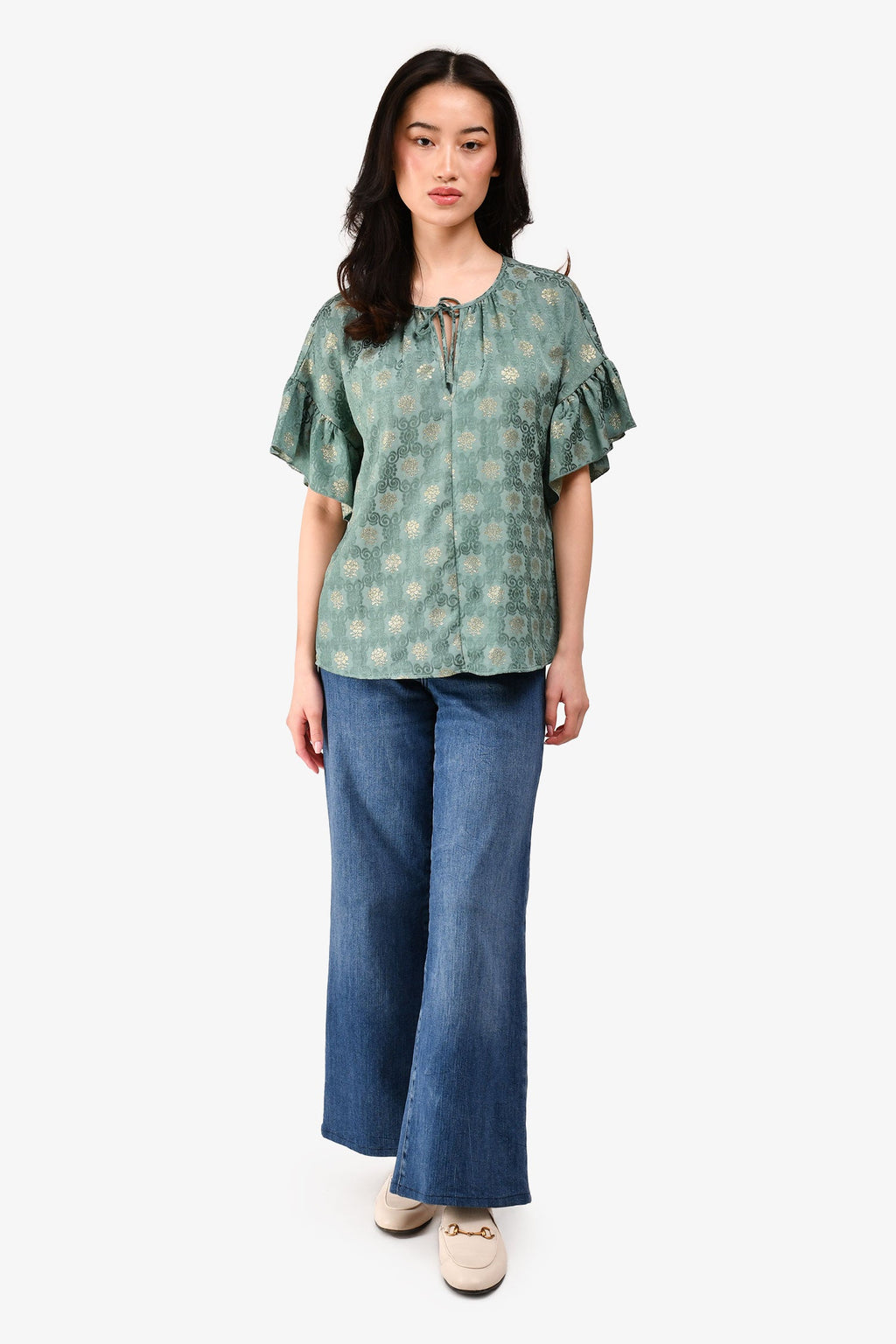 Red Valentino Green Patterned Short-Sleeve Top Size 40