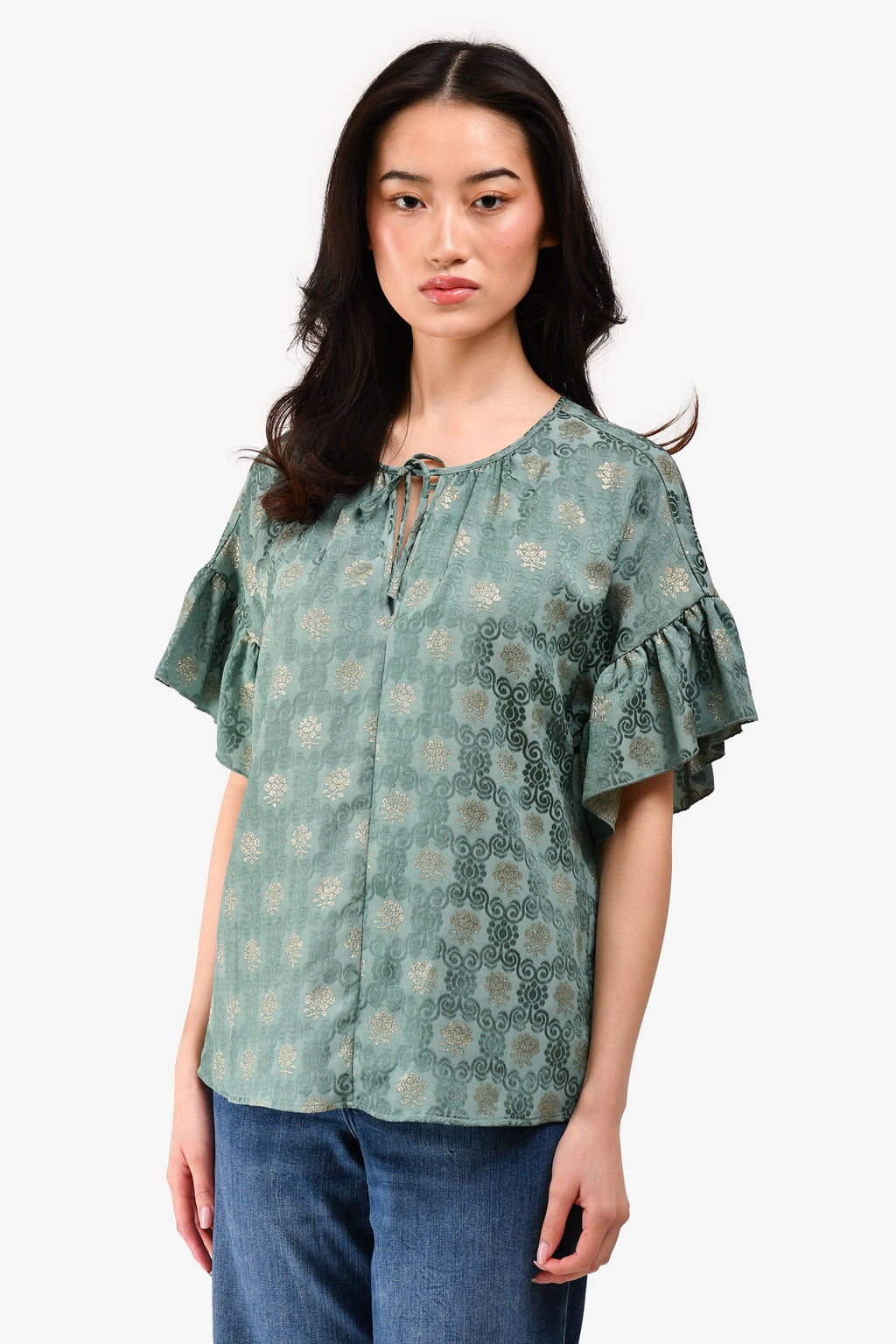 Red Valentino Green Patterned Short-Sleeve Top Size 40