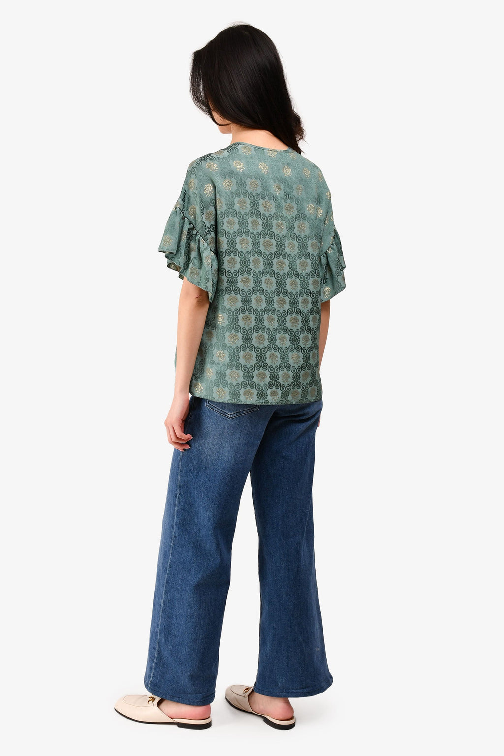 Red Valentino Green Patterned Short-Sleeve Top Size 40