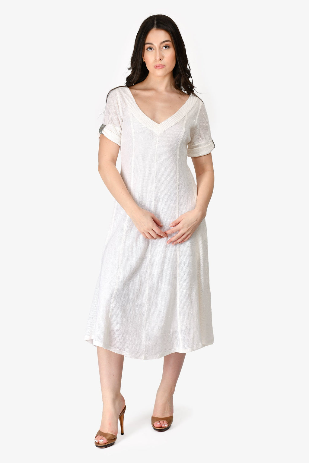 Brunello Cucinelli White Sequin Linen/Silk Knit Short Sleeve Midi Dress with Slip Size S