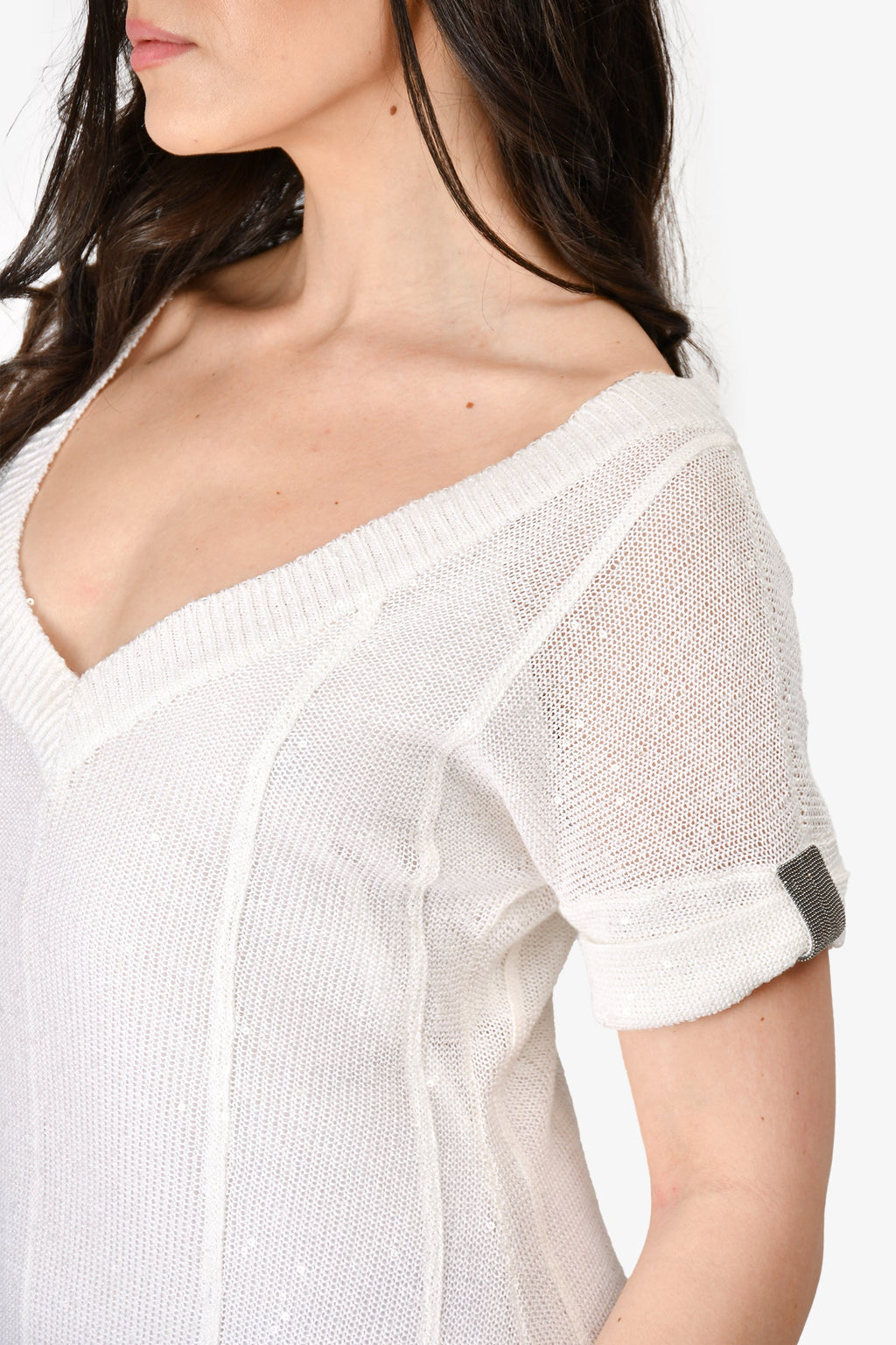 Brunello Cucinelli White Sequin Linen/Silk Knit Short Sleeve Midi Dress with Slip Size S