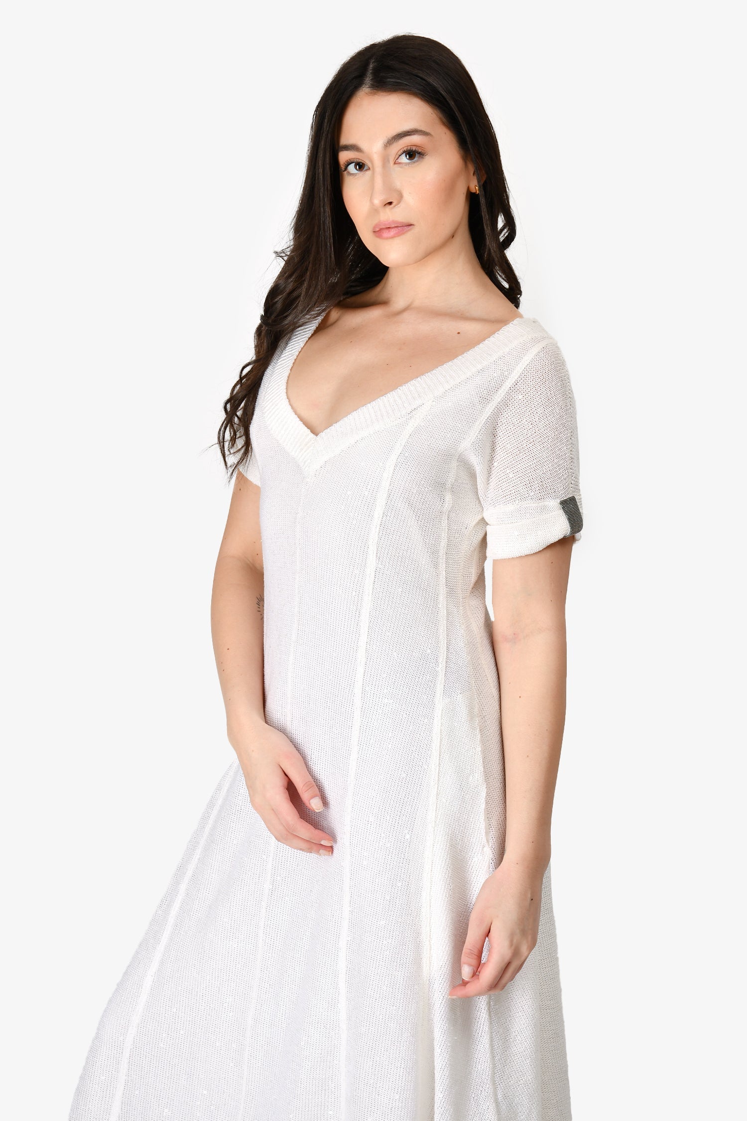 Brunello Cucinelli White Sequin Linen/Silk Knit Short Sleeve Midi Dress with Slip Size S
