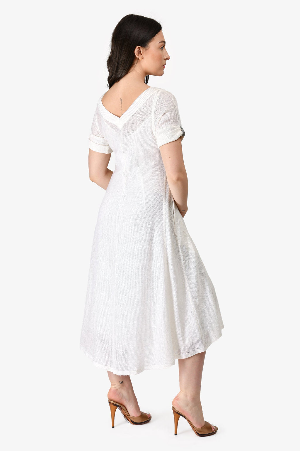 Brunello Cucinelli White Sequin Linen/Silk Knit Short Sleeve Midi Dress with Slip Size S