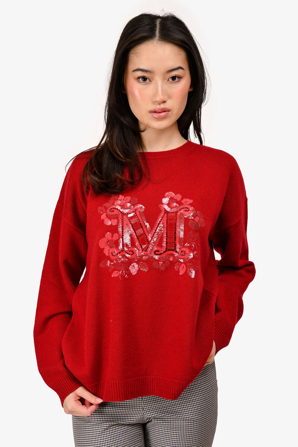 Max Mara Red Wool/Cashmere Sequin Embellished Logo Sweater Size M