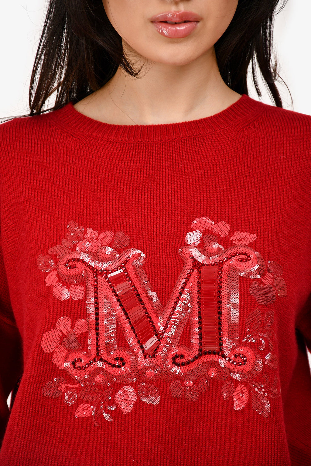 Max Mara Red Wool/Cashmere Sequin Embellished Logo Sweater Size M