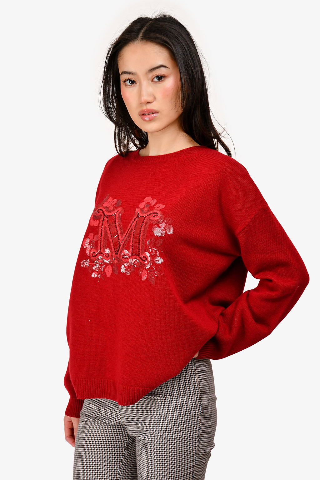 Max Mara Red Wool/Cashmere Sequin Embellished Logo Sweater Size M