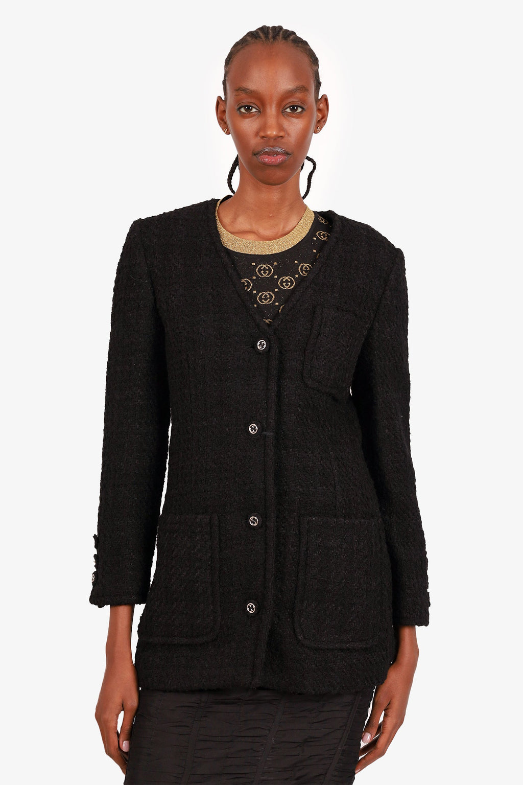 Gucci Black Wool Tweed Single Breasted Jacket Size 38