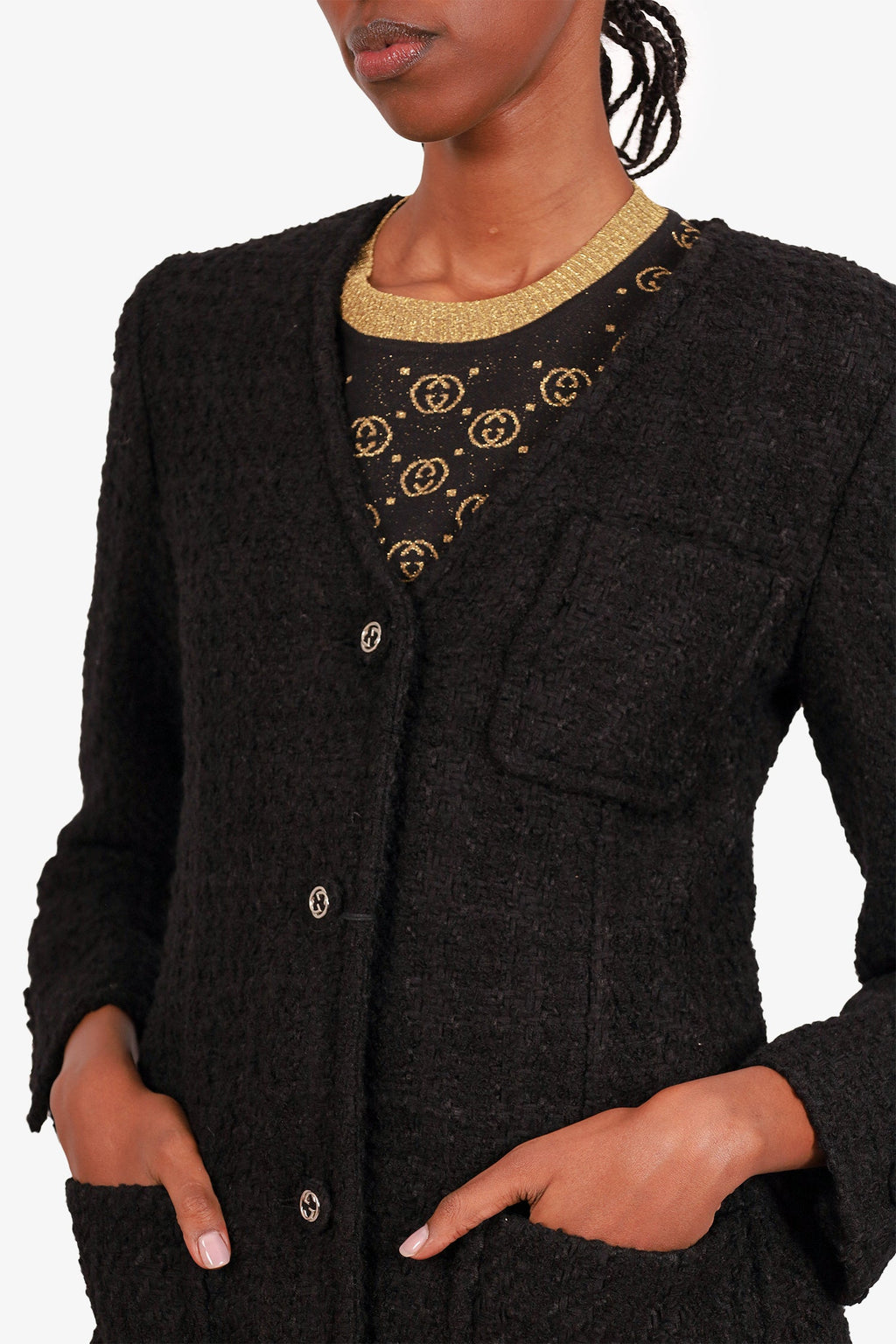 Gucci Black Wool Tweed Single Breasted Jacket Size 38